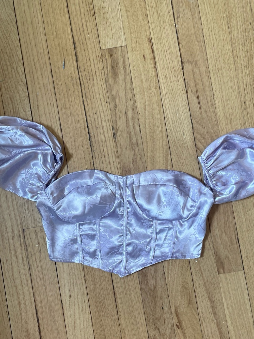 Cider Lavender Satin Puff-Sleeve Corset Crop Top
